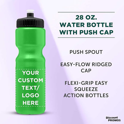 DISCOUNT PROMOS 28 oz. Custom Push Cap Plastic Water Bottles Set of 10/50/100, Personalized Bulk Pack - Perfect for Gym, Hiking, Camping, Outdoor Sports - Neon Green