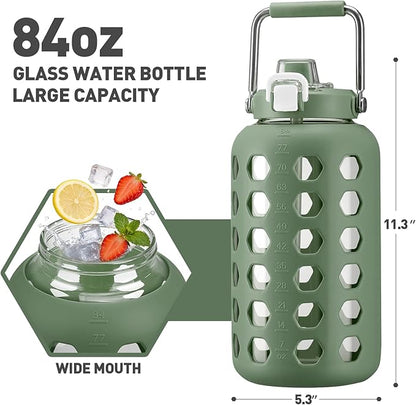 MUKOKO 84 oz Glass Water Bottles,2.5 Liter Gallon Drinking Bottle with Handle,Large Glass Water Jug with Silicone Sleeve for Gym Sports,Time Marker,Wide Mouth,Olive