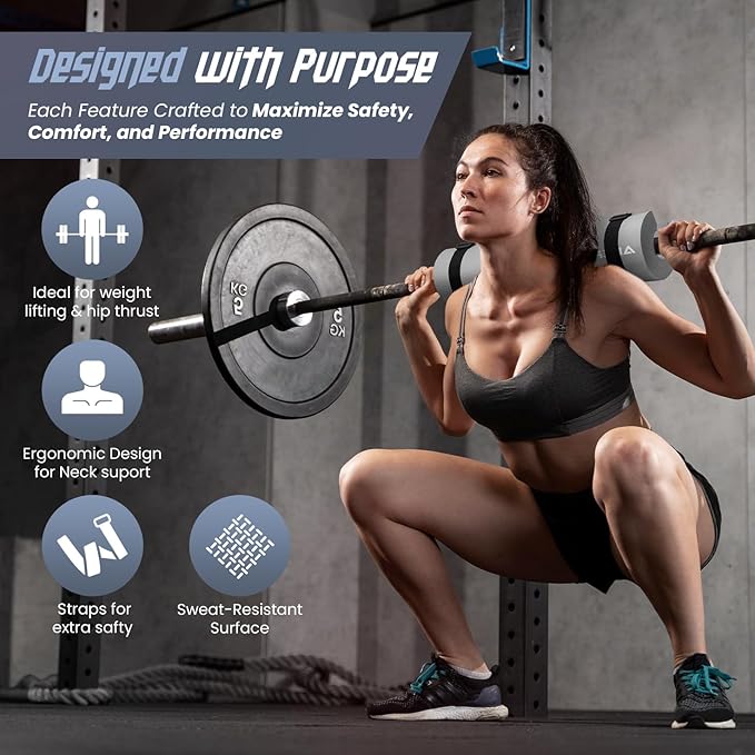 Barbell Pad for Squats & Hip Thrusts – 1.2” Extra-Thick High-Density Foam – Non-Slip Neck & Shoulder Support Cushion – Fits Olympic & Standard Bars – Quick On/Off Design + 2 Securing Straps