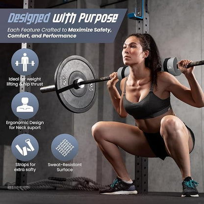 Barbell Pad for Squats & Hip Thrusts – 1.2” Extra-Thick High-Density Foam – Non-Slip Neck & Shoulder Support Cushion – Fits Olympic & Standard Bars – Quick On/Off Design + 2 Securing Straps