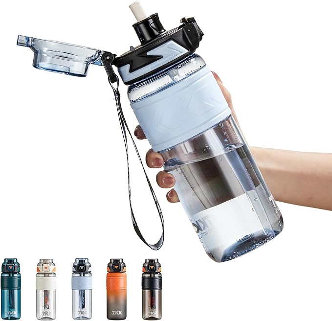 TKK Sports Water Bottles with Removable Straw 29 oz Leak-proof Flip Top Lid BPA Free Tritan Bottle with Strap for School, Fitness, Gym, Outdoor, Blue