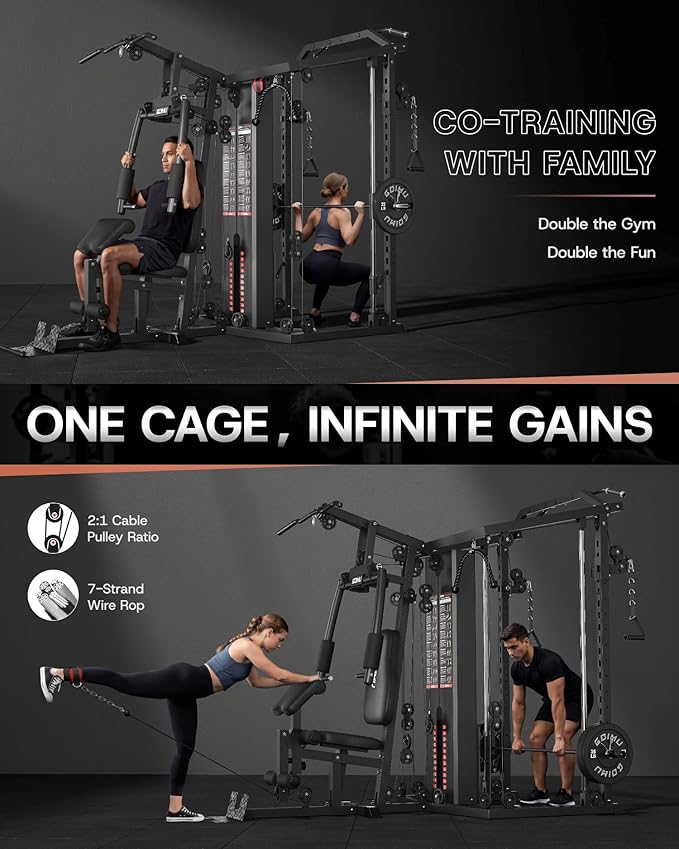 DM01 Dual-Station Smith Machine Home Gym, 140LB Weight Stack with LAT Pull-Down & Leg Press, All-in-One Workout Station for Couples & Family Strength Training