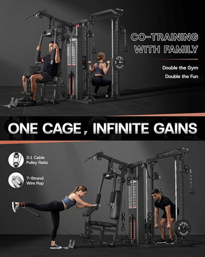 DM01 Dual-Station Smith Machine Home Gym, 140LB Weight Stack with LAT Pull-Down & Leg Press, All-in-One Workout Station for Couples & Family Strength Training
