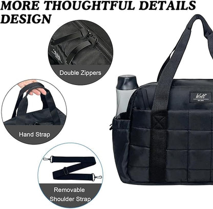 WOLT Small Gym Bag for Women, 14 inch Lightweight Gym Duffle Bag with Wet Compartment Quilted Tote for Sports Workout, Black