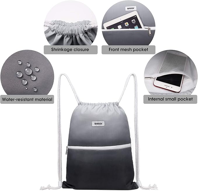 WANDF Drawstring Backpack String Bag Sackpack Cinch Water Resistant Nylon for Gym Shopping Sport Yoga (Grey)