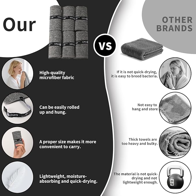 Microfiber Gym Towels - Quick Dry, Highly Absorbing, Silver ION Odor-Free Absorbent Fiber, for Men & Women - for Hot Yoga, Tennis, Running, Workout, Camping, Set of 6 Charcoal Gray (Speckled Gray)