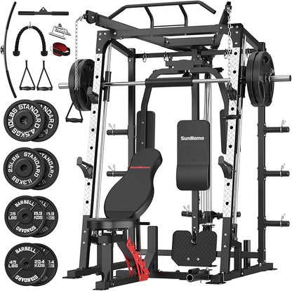 SunHome Smith Machine, Power Cage Squat Rack with Smith Bar, LAT Pull-Down Systems, Cable Crossover Machine and Cable Attachment for Home Gym