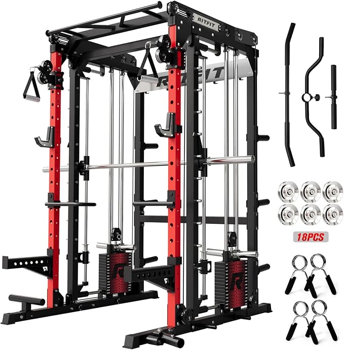 RitFit M2 Smith Machine with with Cable Crossover System, 3D Functional Trainer & Power Cage, 16 Adjustment Holes, 6 Storage Pegs for Full-Body Home Gym