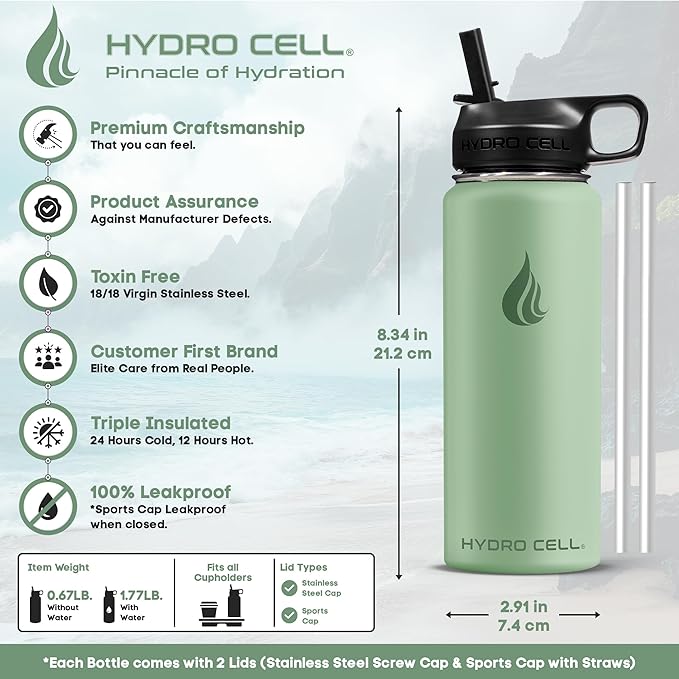 HYDRO CELL Stainless Steel Insulated Water Bottle with Straw - For Cold & Hot Drinks - Metal Vacuum Flask with Screw Cap and Modern Leakproof Sport Thermos for Adults (Sage 18oz)