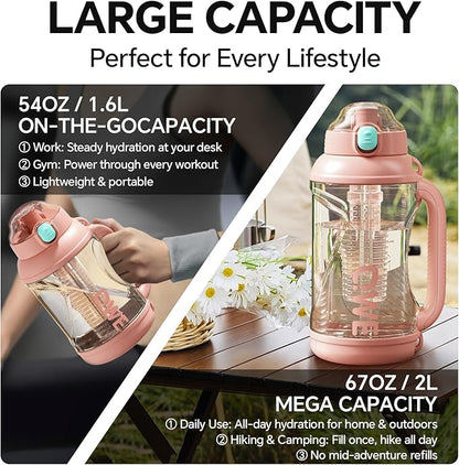 QWE Gym Large Water Bottle for women with lids and Straws&Handle,54oz,Heat-resisting,Reusable,PPSU BPA Free, Plastic Water Bottle Double drinking,leak proof, for Travel,Sport,Outdoors,camping(Pink)