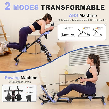 TOUSAINS 3 in 1 Adjustable AB Machine for Stomach Workout with 3 Heights, Foldable Rowing Machine for Home Gym with Comfortable seat & LCD Display Monitor, 265lbs Weight Capacity