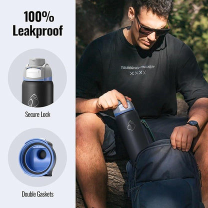 BUZIO 32 oz Water Bottle with Leakproof Locking Lid & Carry Loop, Dishwasher Safe, Triple Wall Vacuum Insulated Metal Water Bottle Chug Lid Thermos for Holiday Keep Cold 48H, 32oz, Dark Gray