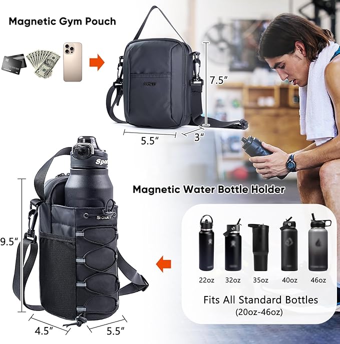2-Pack Magnetic Gym Bag for Water Bottle & Magnetic Gym Pouch – Bottle’s Holder Fits Up to 46oz Bottles– Sling Water Bottles Bag with Strap for Workout, Tank -Men’s & Women’s Gym Accessories