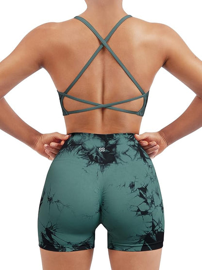 SUUKSESS Women Seamless Workout Sets Strappy Sports Bra High Waist Booty Shorts Outfits