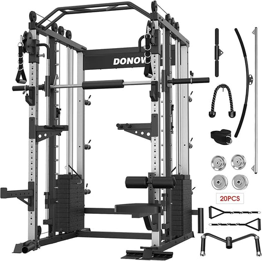 DONOW Smith Machine with Weight Stacks, Heavy Duty Home Gym System Power Cage Cable Crossover Machine Multi-Functional Trainer Ratio 1:1