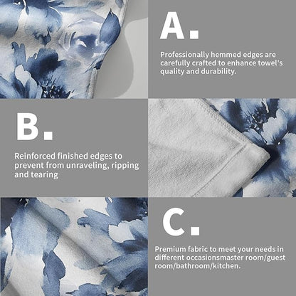 Navy Blue Flower Hand Towels Set of 2, Modern Ink Floral Face Towel 28X14 inch, Watercolor Botanical Floral Kitchen Dish Towels Quick Dry Super Absorbent Soft Washcloths for Bathroom Yoga Workout Gym