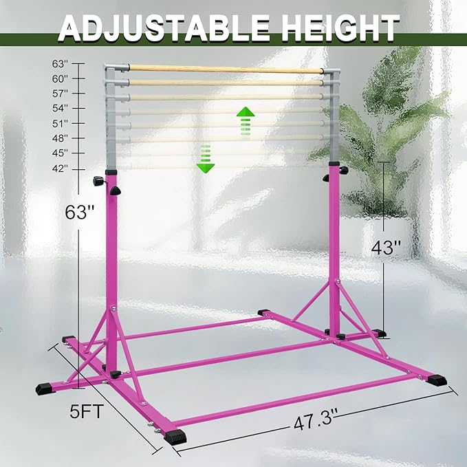 86 York Gymnastics Bar for Kids Ages 3-20, 5FT Base Length, 42" to 63" Adjustable Height, Horizontal Bar, Kip Bar for Gymnast, Gymnastic Training Equipment for Home, Gym Center