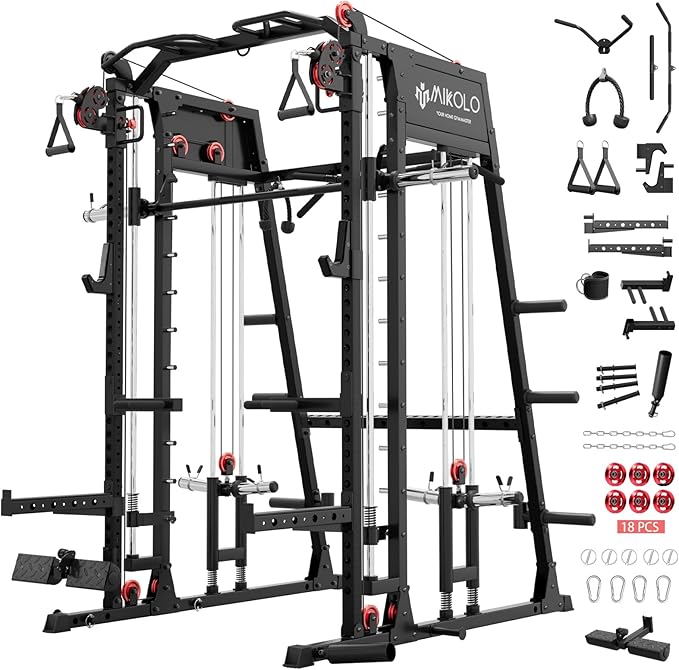 Mikolo M4 2.0 Smith Machine, 2200lbs Squat Rack with LAT-Pull Down System & Cable Crossover Machine, Training Equipment with Leg Hold-Down Attachment