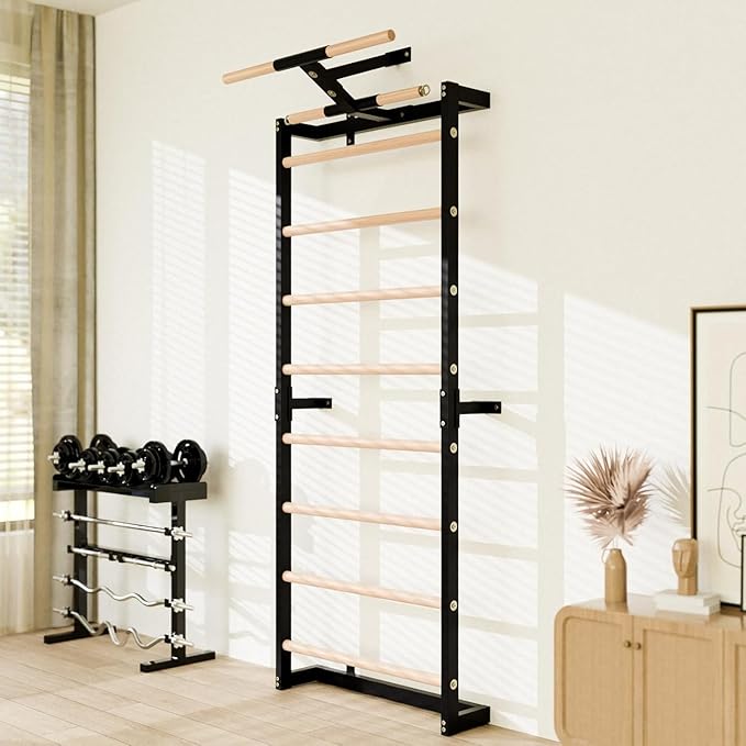 Swedish Ladder, Wood Stall Bars Suspension Trainer with Pull-Up Bar & Rings for Straps, Swedish ladders Wall Gym Adult, Wall-Mounted Workout Ladder for Home, Gym, School and Clinics