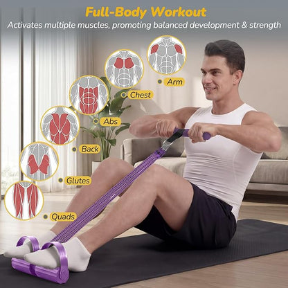 Upgrade Foot Pedal Resistance Bands with Handles, 4 Tube Adjustable Resistance Bands for Abdomen, Waist, Arm, Core/ABS, Leg Workout - Stirrup Puller for Men Women for Full Body Workout, Purple