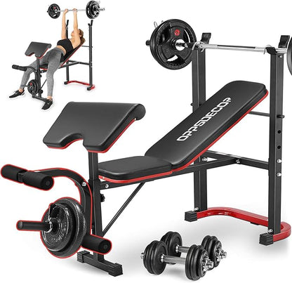 OPPSDECOR Weight Bench Set with Squat Rack, Leg Extension & Preacher Curl Pad, 660LBS Full Body Home Gym Bench Press for Beginners, Women & Teens
