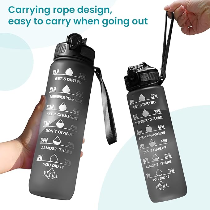 32 oz Water Bottles with Times to Drink and Straw, Motivational Water Bottle with Time Marker, Leakproof & BPA Free, Drinking Sports Water Bottle WIth Hand Strap for Fitness, Gym & Outdoor (black)