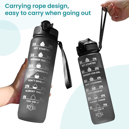 32 oz Motivational Water Bottle with Time Marker,Water Bottles with Times to Drink and Straw with Carrying Strap,Perfect For Fitness Gym Outdoor,BPA Free (Black)
