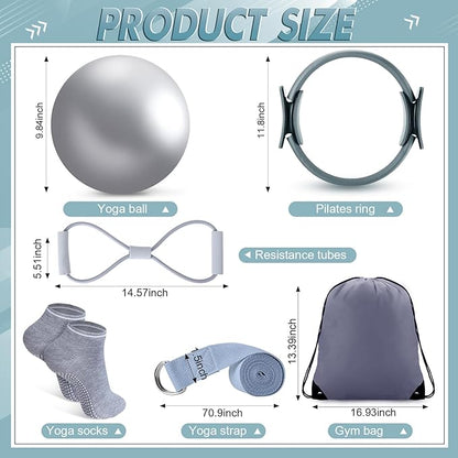 Poen 18 Pcs Home Pilates Ball and Ring Circle Set Yoga Fitness Essentials Kit with 5 Resistance Band Stretching Strap Non Slip Sock Ball Core Slider Wristband Headband Gym Bag for Women
