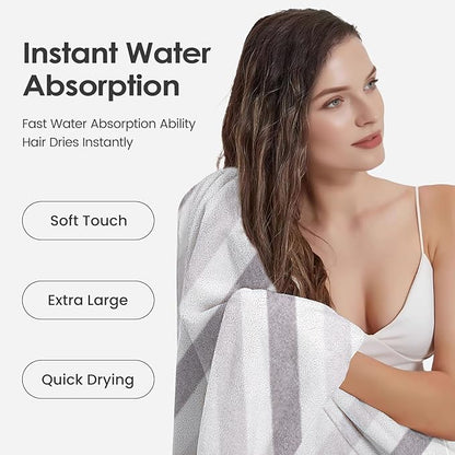 JML Microfiber Bath Towels, Large Bath Towel Set of 2, 30" x 60", Oversized, Soft, Super Absorbent, Fast Drying, Perfect for Hair Wrap, Sport, Fitness, Yoga, Cabana Stripe Grey