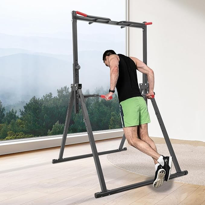 Pull Up Station, Triangular Power Tower, Foldable Pull Up Bar Stand, 440LBS Capacity Adjustable Height Dip Station for Home Gym, Strength Training Equipment
