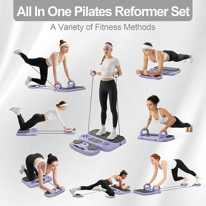 Multifuncional Pilates Board & Push Up System with Timer, Ab Wheel & Core Sliders, Portable Home Gym Kit with Resistance Ropes & Plank Support, Full Body Workout for Women & Men (Simulates Reformer)