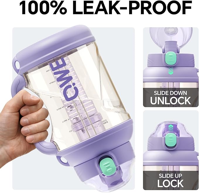 QWE Gym Large Water Bottle for women with lids and Straws&Handle,54oz,Heat-resisting,Reusable,PPSU BPA Free, Plastic Water Bottle Double drinking,leak proof, for Travel,Sport,Outdoors,camping(Purple)