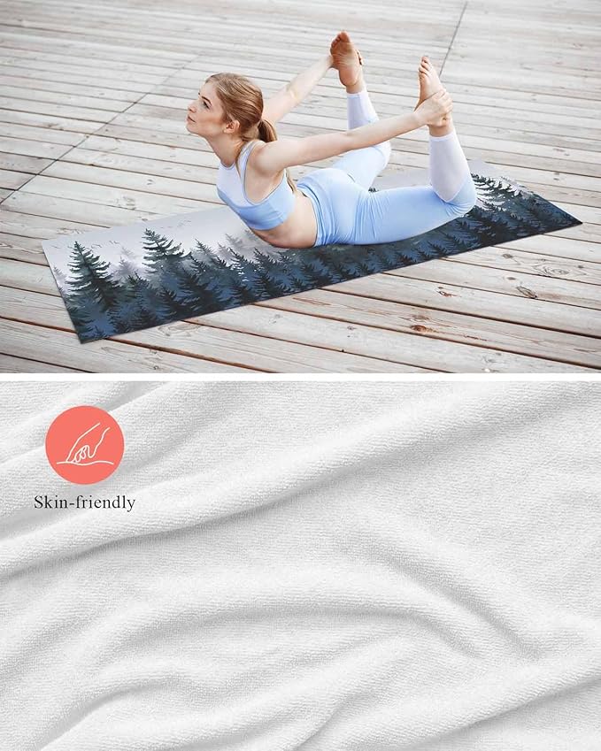 Forest Blue Trees Yoga Mat Towel with Corner Pockets for Hot Yoga Non Slip,Absorbent Yoga Blankets Microfiber Soft Gym Sweat Working Out Fitness Pilates Towels 74"x26" Watercolor Nature Bird