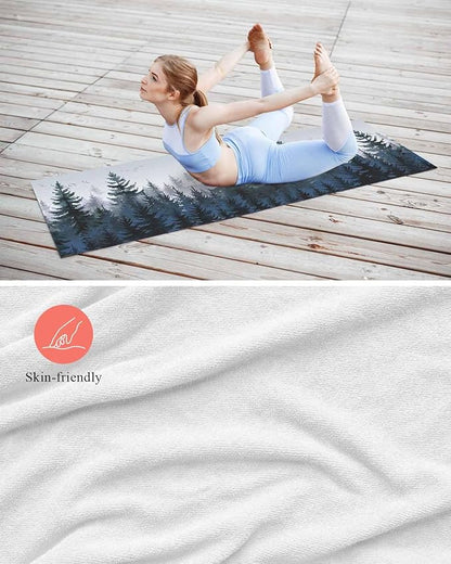 Forest Blue Trees Yoga Mat Towel with Corner Pockets for Hot Yoga Non Slip,Absorbent Yoga Blankets Microfiber Soft Gym Sweat Working Out Fitness Pilates Towels 74"x26" Watercolor Nature Bird