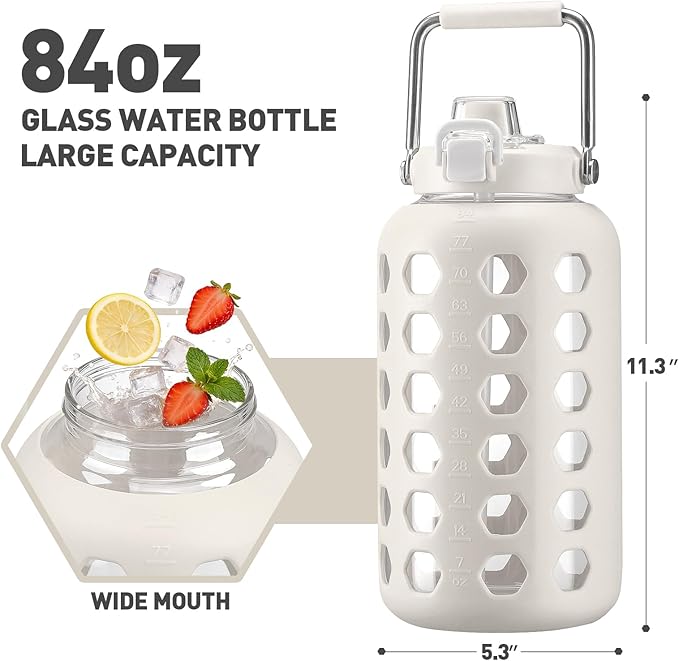MUKOKO 84 oz Glass Water Bottles,2.5 Liter Gallon Drinking Bottle with Handle,Large Glass Water Jug with Silicone Sleeve for Gym Sports,Time Marker,Wide Mouth,White