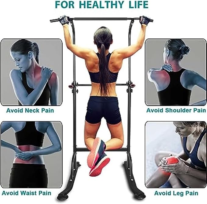 Power Tower Workout Dip Station Pull Up Bar - Multi-Function Strength Training Fitness Equipment with Adjustable Height,Cushioned Arm Rests for Home Gym Full Body Exercises