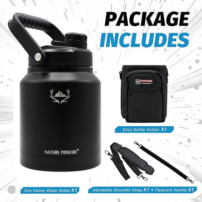 NATURE PIONEOR 84 oz Insulated Water Bottle - Double Vacuum Stainless Steel Water Jug with Holder/Carrier, Wide Mouth, Outdoor Sports, Hiking, Camping, Gym