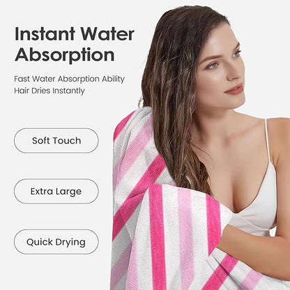 JML Microfiber Bath Towels, Bath Towel 2 Pack(30" x 60"), Oversized, Soft, Super Absorbent and Fast Drying, Multipurpose Use for Sports, Fitness, Yoga, Cabana Stripe Pink