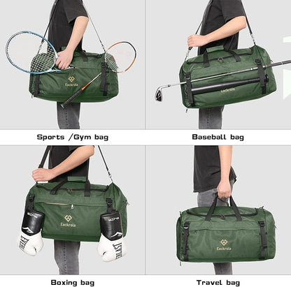 Eackrola Extra Large Sports Gym Bag, Travel Duffel bag with Wet Pocket & Shoes Compartment for men women, 85L, Lightweight （Green）
