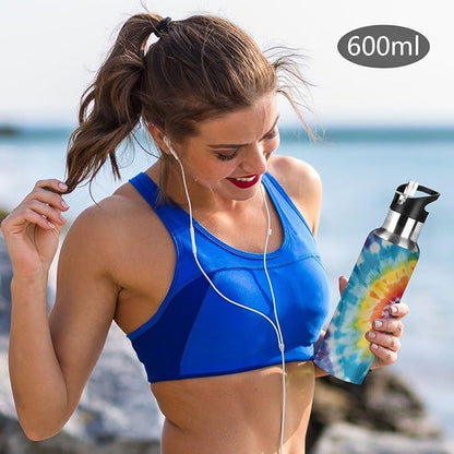 Retro Abstract Swirl Tie Dye Water Bottle Vacuum Insulated Stainless Steel Mug Kids Water Bottle with Straw and Handle Keep Hot Cold Sport Bike Fit Travel Outdoor 20 oz