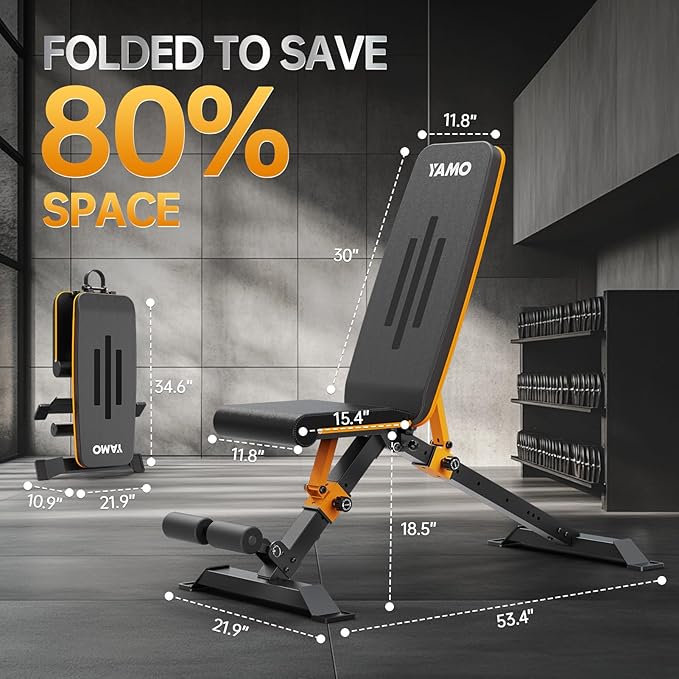 YAMO Adjustable Weight Bench for Full Body Workout, Foldable Workout Bench of Home Gym, Bench Press Strength Training, Incline Decline Flat Utility Workout Bench with Quick Folding Space Saving