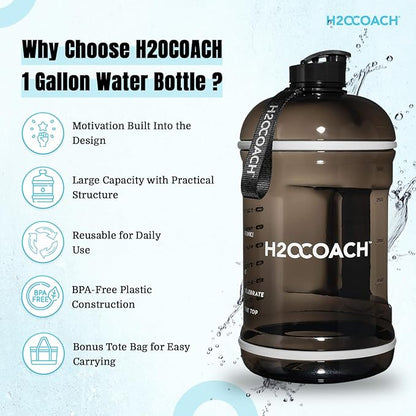 H2OCOACH 1 Gallon Hydration Jug with Time Marker & Measurements, BPA-Free Tritan Sports Drink Container, Motivational Daily Intake Tracker for Gym, Workout, & Fitness Routines (128 oz, Black)