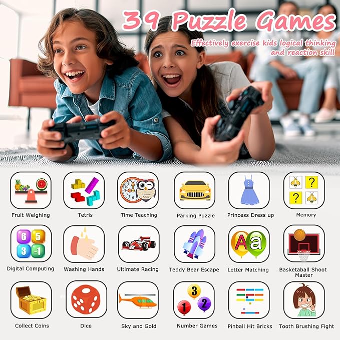 Smart Watch for Kids Gift for Girls Age 5-12, 1.54" Touch Screen Watch with HD Camera Video 39 Games Music Pedometer Flashlight Alarm Clock, Gifts for 7 8 9 10 Year Old Girls Boys