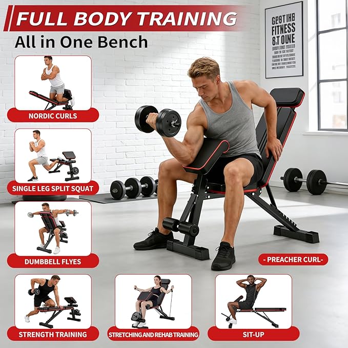 Adjustable Weight Bench, Foldable Workout Bench Press, Weight Benches for Home Gym, Workout Equipment for Full Body Exercise