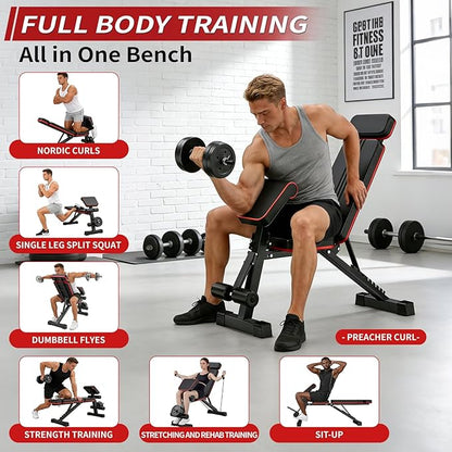 Adjustable Weight Bench, Foldable Workout Bench Press, Weight Benches for Home Gym, Workout Equipment for Full Body Exercise