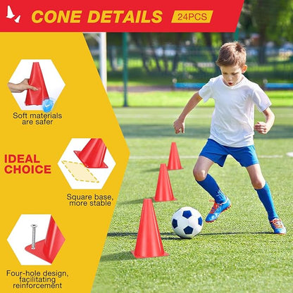 24pcs Cones 9 Inch Soccer Cones and Plastic Traffic Cones, Durable Cones for Sports Training, Ideal for Soccer, Basketball, Football, Skating, and Agility Drills Practice