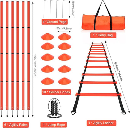 Soccer Agility Training Equipment, Includes 20ft Agility Ladder, 6 Adjustable Agility Poles, 10 Disc Cones, Jump Rope-Speed Training Set for Soccer Football Basketball Athletes