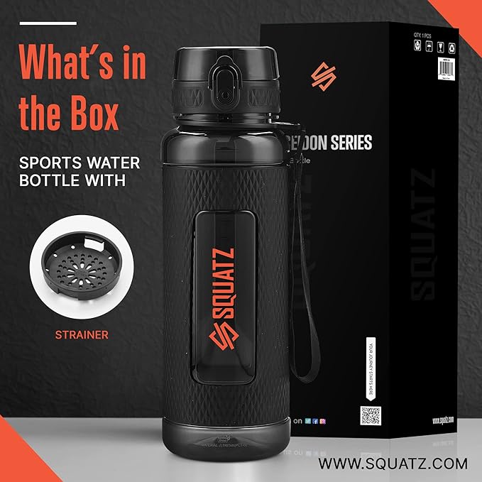 SQUATZ 24 Oz Poseidon Series Water Bottle for Protein and Fruit Shakes - Premium Quality Wide Mouth Gym Flask Fruit Infuser Strainer, Carrying Strap, Leak Resistance, No Condensation Sleeve,Black