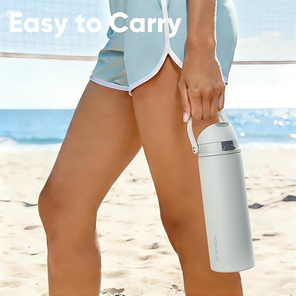 Insulated Water Bottle with Straw - Encool Stainless Steel Water Bottle with Push Button Lid, Leak-Proof & BPA-Free, Keeps Cold for 24 Hours for Sports, Travel, Gym (32 oz, Silver Grey)