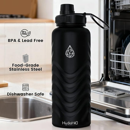 24oz Stainless Steel Insulated Water Bottle, 48H Cold & 24H Hot, Leak-Proof Wide Mouth Lids (Straw & Spout), BPA-Free Bottles, Mens Water Bottle for Gym, Hiking, Travel - Black
